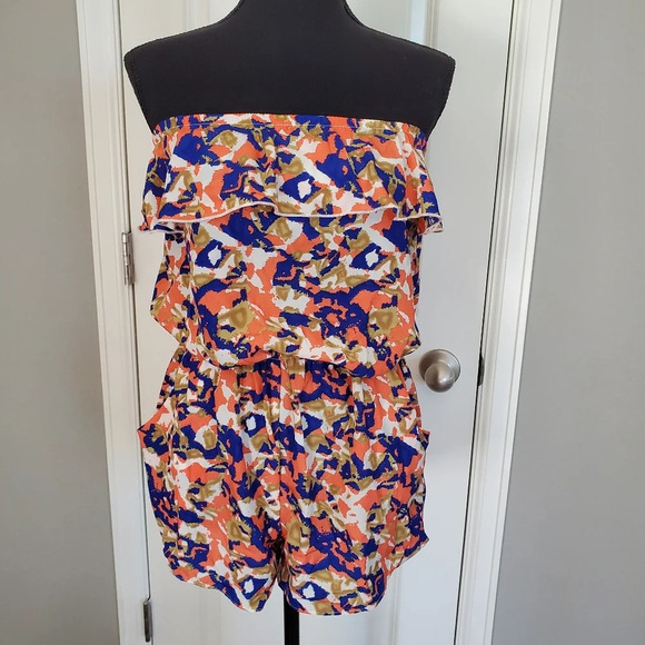 Papaya Women's Graphic Print Coral Blue Cream Strapless Romper Size Small - Picture 8 of 16